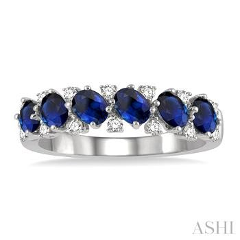 4X3 MM Oval Shape Sapphire and 1/5 Ctw Round Cut Diamond Precious Band in 14K White Gold
