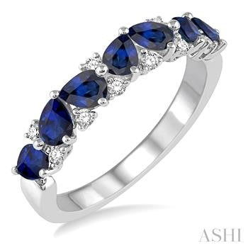 4X3 MM Pear Shape Sapphire and 1/6 Ctw Round Cut Diamond Precious Band in 14K White Gold