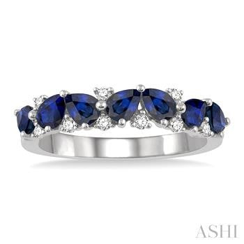 4X3 MM Pear Shape Sapphire and 1/6 Ctw Round Cut Diamond Precious Band in 14K White Gold