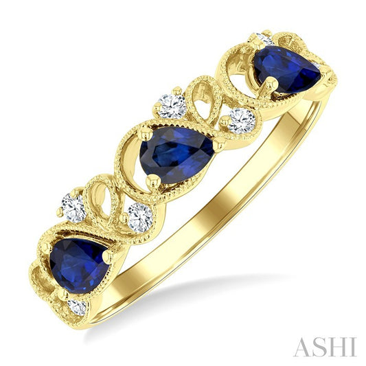 4X3 MM Pear Cut Sapphire and 1/10 Ctw Lattice Round Cut Diamond Precious Band in 14K Yellow Gold