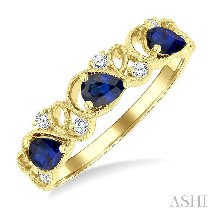 4X3 MM Pear Cut Sapphire and 1/10 Ctw Lattice Round Cut Diamond Precious Band in 14K Yellow Gold