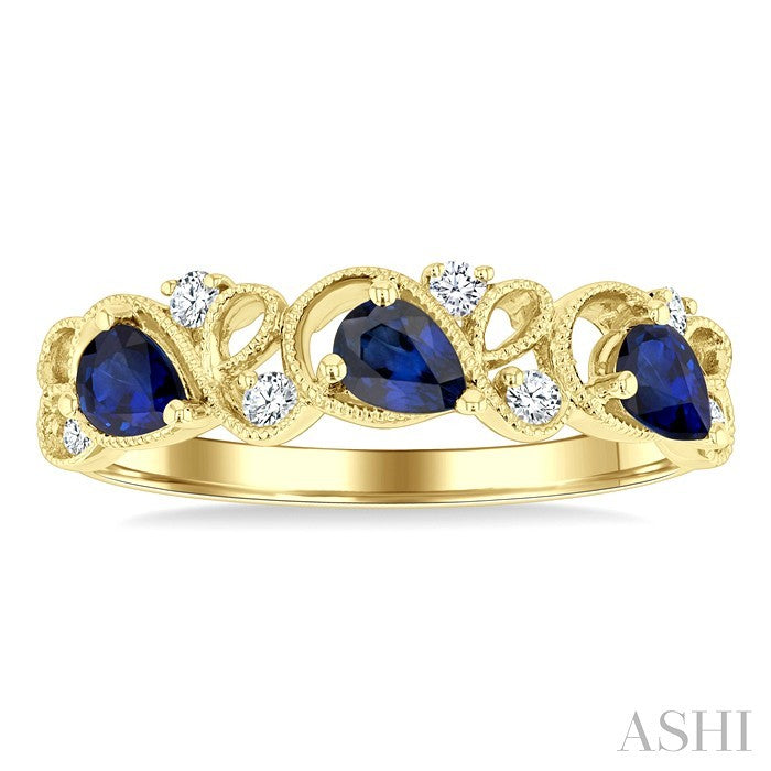 4X3 MM Pear Cut Sapphire and 1/10 Ctw Lattice Round Cut Diamond Precious Band in 14K Yellow Gold