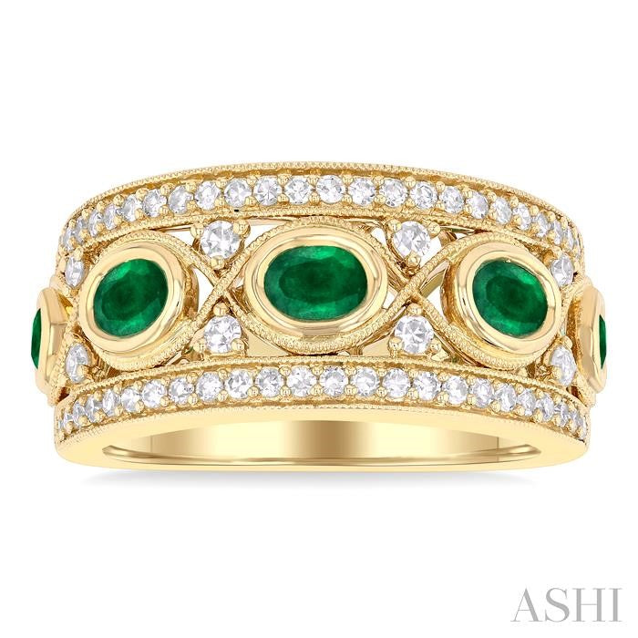 4X3 MM Oval and 2.8 MM Round Cut Emerald and 3/8 Ctw Curvy Criss Cross Round Cut Diamond Precious Band in 14K Yellow Gol