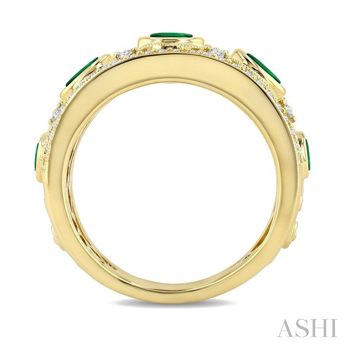 4X3 MM Oval and 2.8 MM Round Cut Emerald and 3/8 Ctw Curvy Criss Cross Round Cut Diamond Precious Band in 14K Yellow Gol