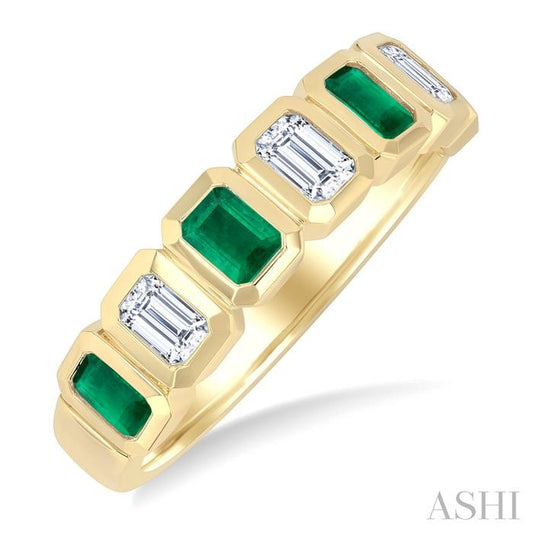 4X3 MM Octagonal Shape Emerald and 5/8 Ctw Emerald Cut Diamond 7 Stone Bezel Set Precious Fashion Band in 14K Yellow Gol