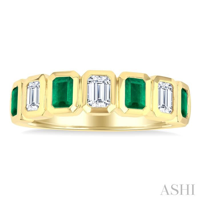 4X3 MM Octagonal Shape Emerald and 5/8 Ctw Emerald Cut Diamond 7 Stone Bezel Set Precious Fashion Band in 14K Yellow Gol