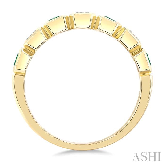 4X3 MM Octagonal Shape Emerald and 5/8 Ctw Emerald Cut Diamond 7 Stone Bezel Set Precious Fashion Band in 14K Yellow Gol