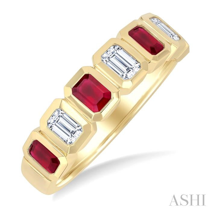 4X3 MM Octagon Shape Ruby and 5/8 Ctw Emerald Cut Diamond 7 Stone Bezel Set Precious Fashion Band in 14K Yellow Gold