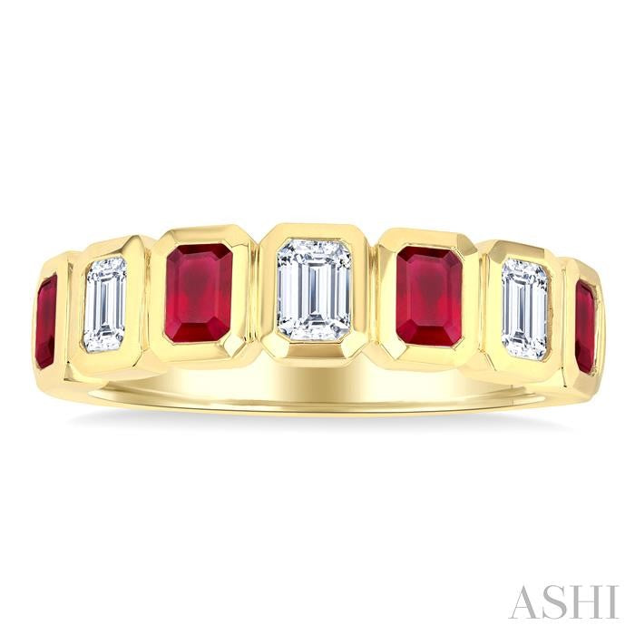 4X3 MM Octagon Shape Ruby and 5/8 Ctw Emerald Cut Diamond 7 Stone Bezel Set Precious Fashion Band in 14K Yellow Gold