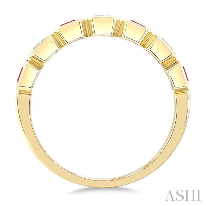 4X3 MM Octagon Shape Ruby and 5/8 Ctw Emerald Cut Diamond 7 Stone Bezel Set Precious Fashion Band in 14K Yellow Gold