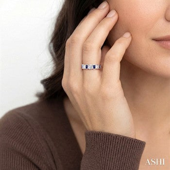 4X3 MM Octagon Shape Sapphire and 5/8 Ctw Emerald Cut Diamond 7 Stone Bezel Set Precious Fashion Band in 14K White Gold
