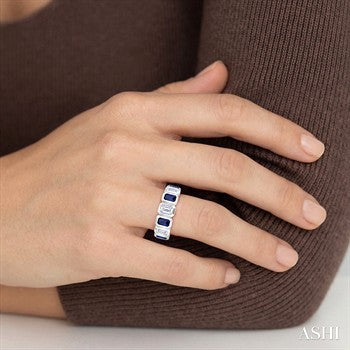 4X3 MM Octagon Shape Sapphire and 5/8 Ctw Emerald Cut Diamond 7 Stone Bezel Set Precious Fashion Band in 14K White Gold