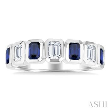 4X3 MM Octagon Shape Sapphire and 5/8 Ctw Emerald Cut Diamond 7 Stone Bezel Set Precious Fashion Band in 14K White Gold