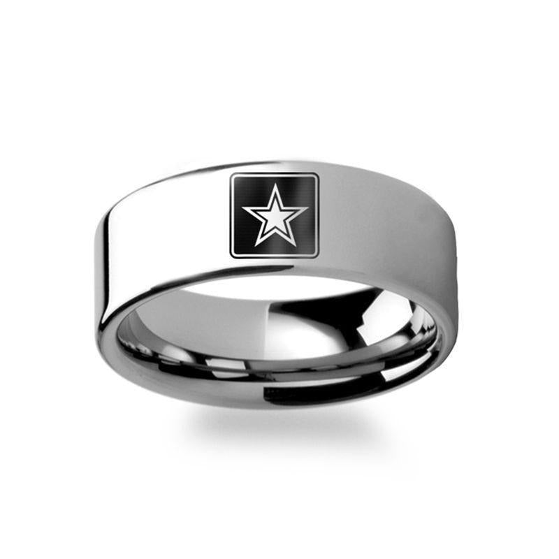 Military Symbol Logo Engraving Flat Polished Tungsten Ring - Army, Coast Guard, Navy, Marines, Air Force - 4mm - 12mm - 