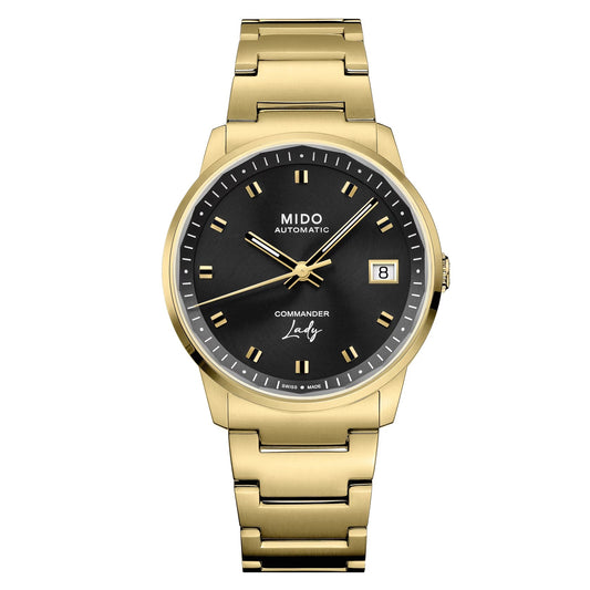 MIDO Commander Lady Black Dial Yellow Gold-Tone Stainless Steel Watch - 35mm