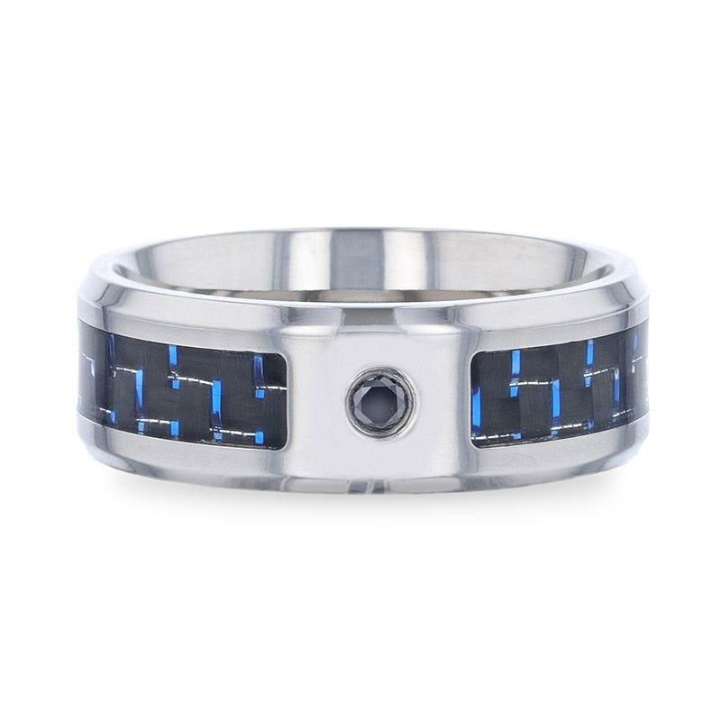 PACIFIC Black And Blue Carbon Fiber Inlaid Titanium Men's Wedding Band With Beveled Polished Edges and Black Sapphire Ce