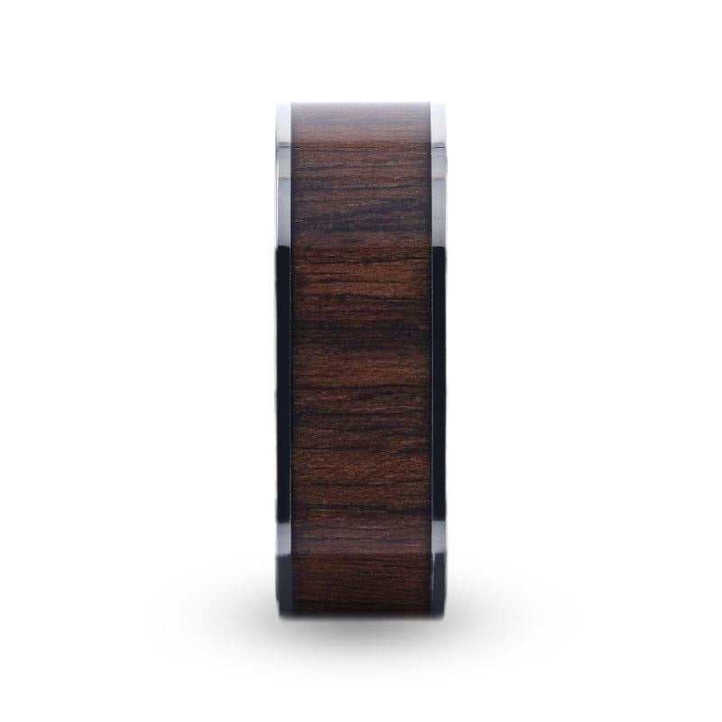 LOGAN Flat Polished Black Walnut Wood Inlaid Titanium Men's Wedding Band With Flat Polished Edges - 8mm