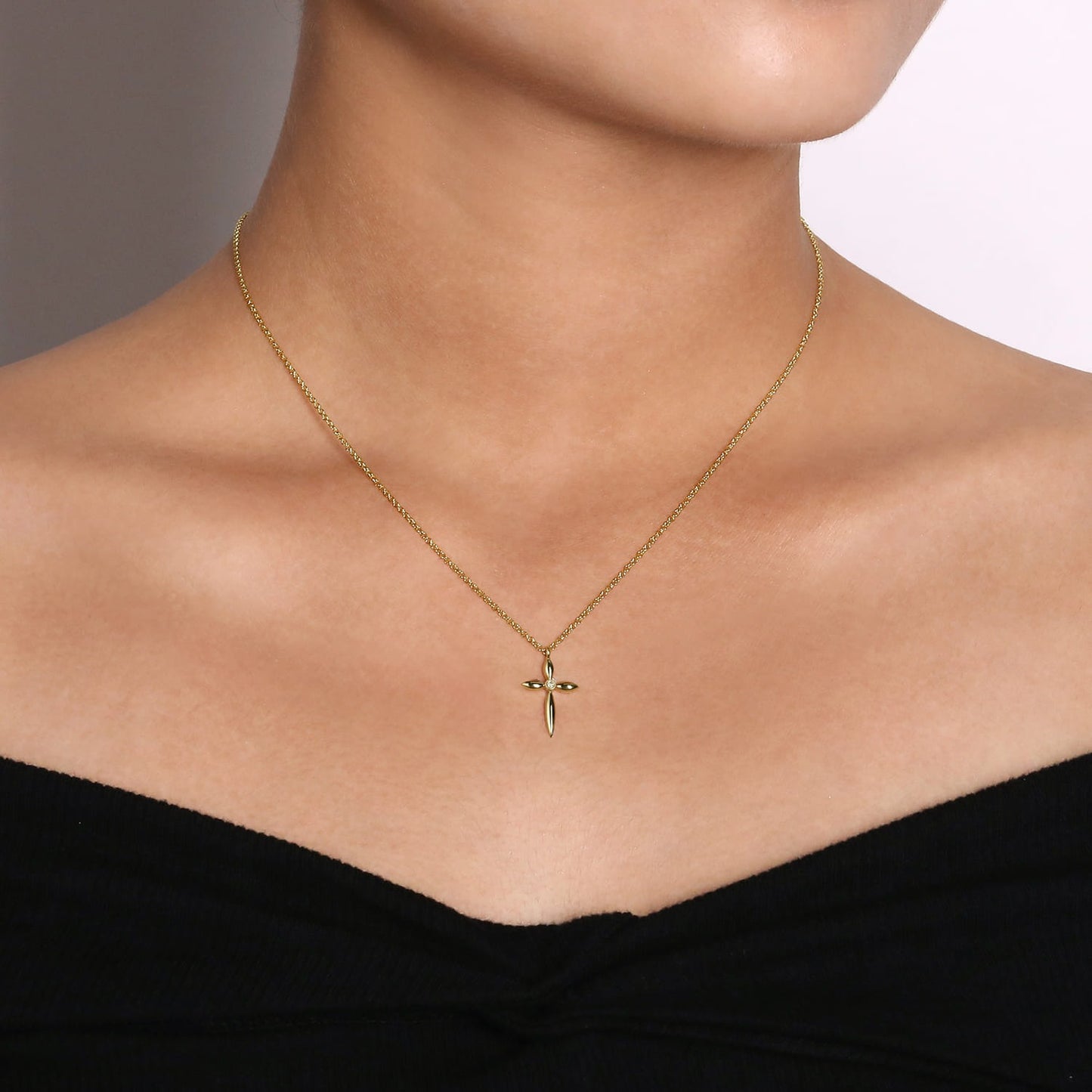 Gabriel & Co. 14K Yellow Gold Diamond Cross Pendant Necklace .01CTW