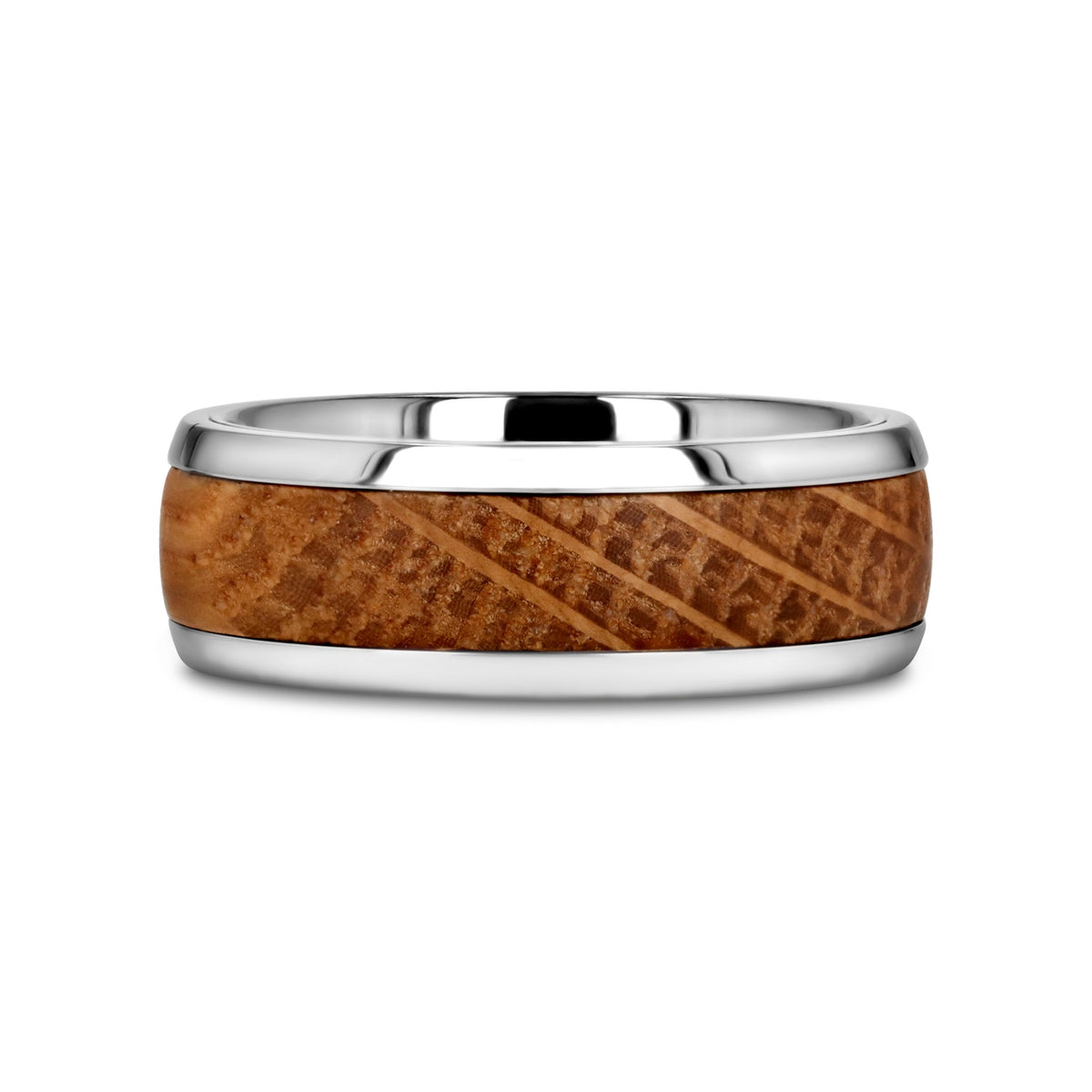 STAVE Whiskey Barrel Inlaid Titanium Men's Wedding Band With Domed Polished Edges Made From Genuine Whiskey Barrels - 8m