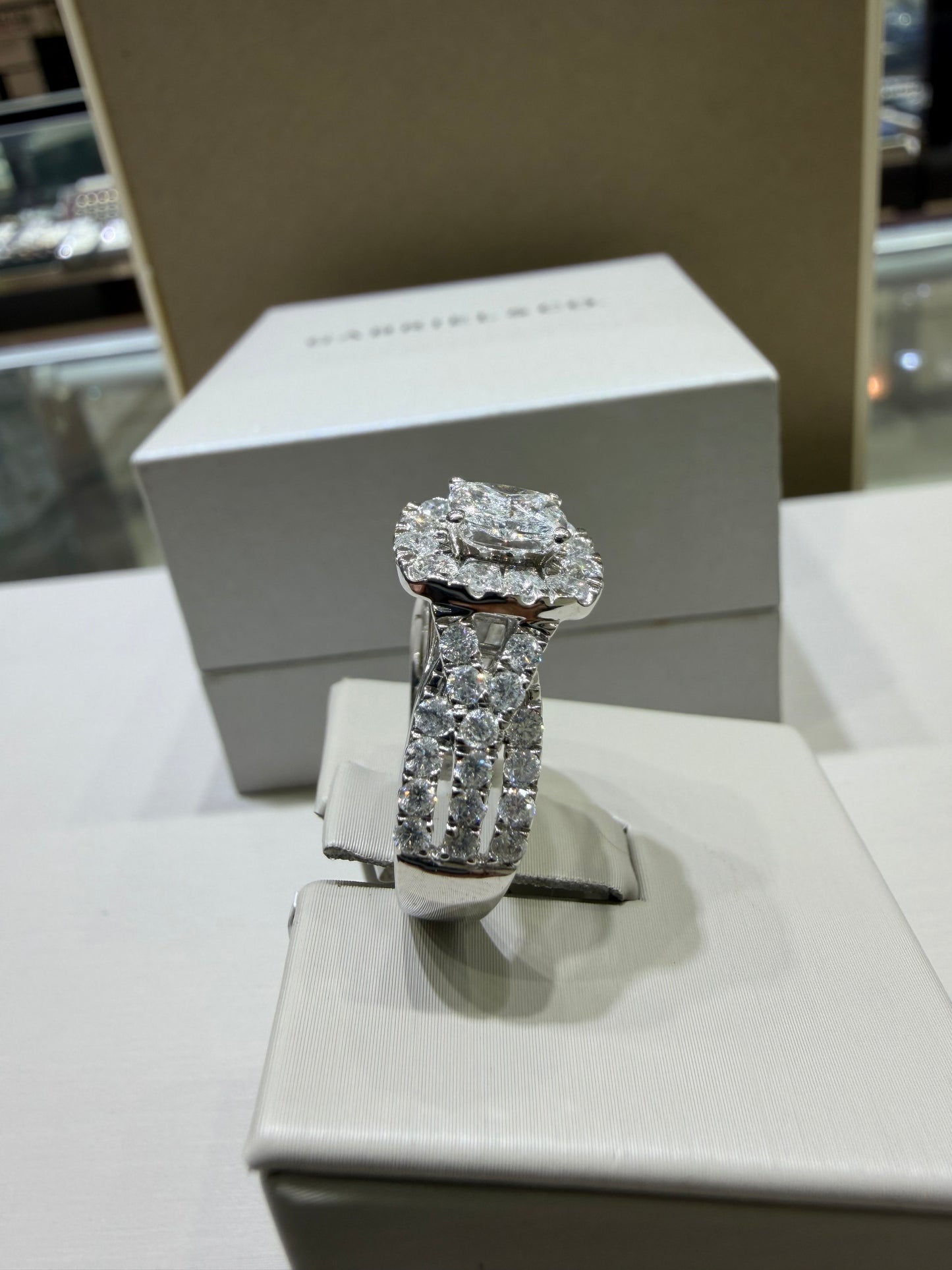 2.00 CTW Elongated Radiant-Style Composite Diamond Halo Engagement Ring in 14K White Gold – G Color, SI1-SI