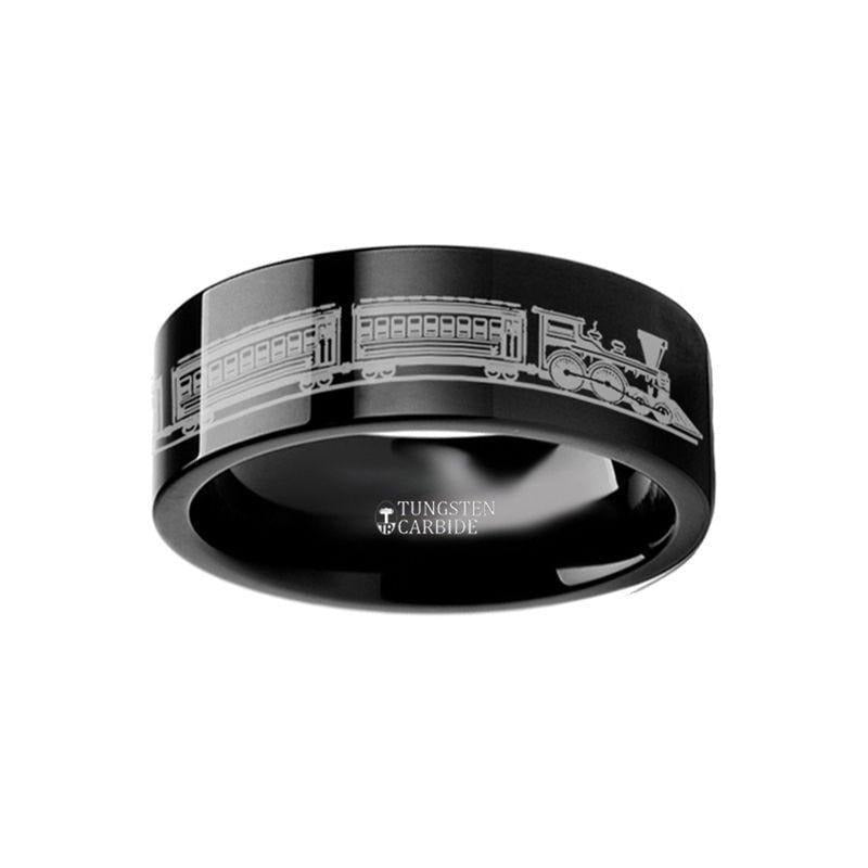 Conductor Long Train Railroad Trolly Landscape Engraved Flat Black Tungsten Ring - 4mm - 12mm - 6mm