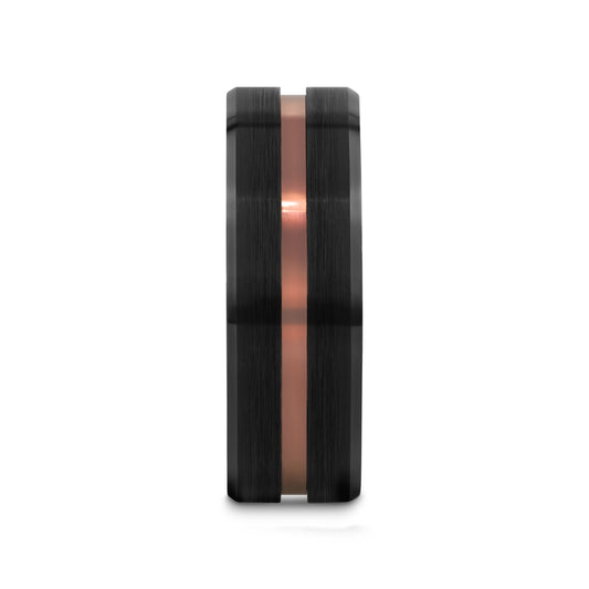 NEVAN Flat Brushed Black Tungsten Men’s Wedding Band with Espresso Groove Center - 8mm
