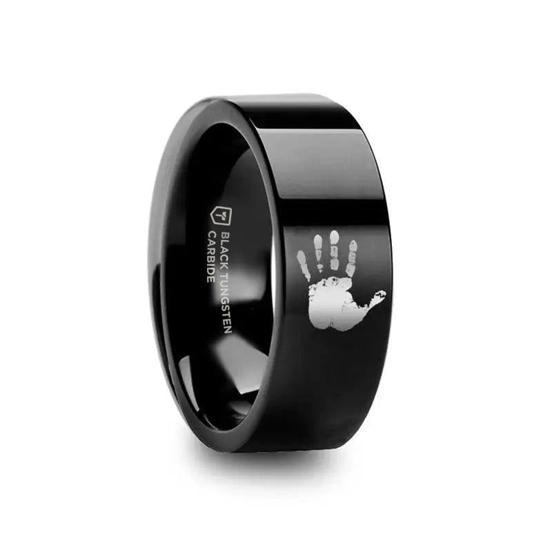 Handprint Engraved Flat Pipe Cut Black Tungsten Ring Polished - 4mm - 12mm - 6mm