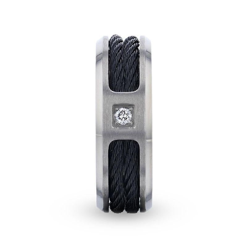 SECTOR Black Rope Cables Inlaid Brushed Finish Titanium Men's Wedding Ring with Diamond Centered And Beveled Polished Ed