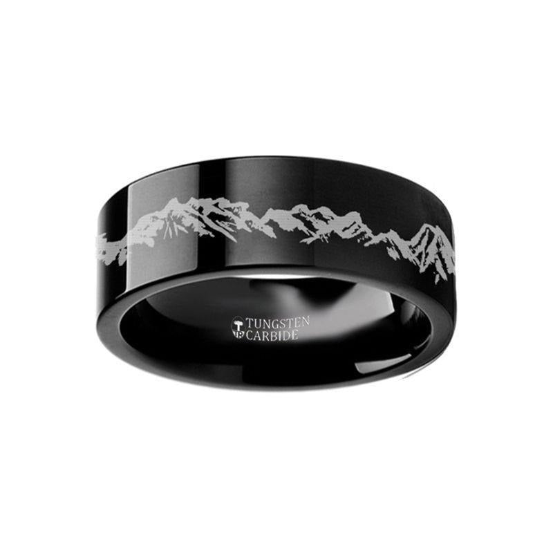 Peaks Mountain Range Outdoors Landscape Engraved Flat Black Tungsten Ring - 4mm - 12mm - 6mm
