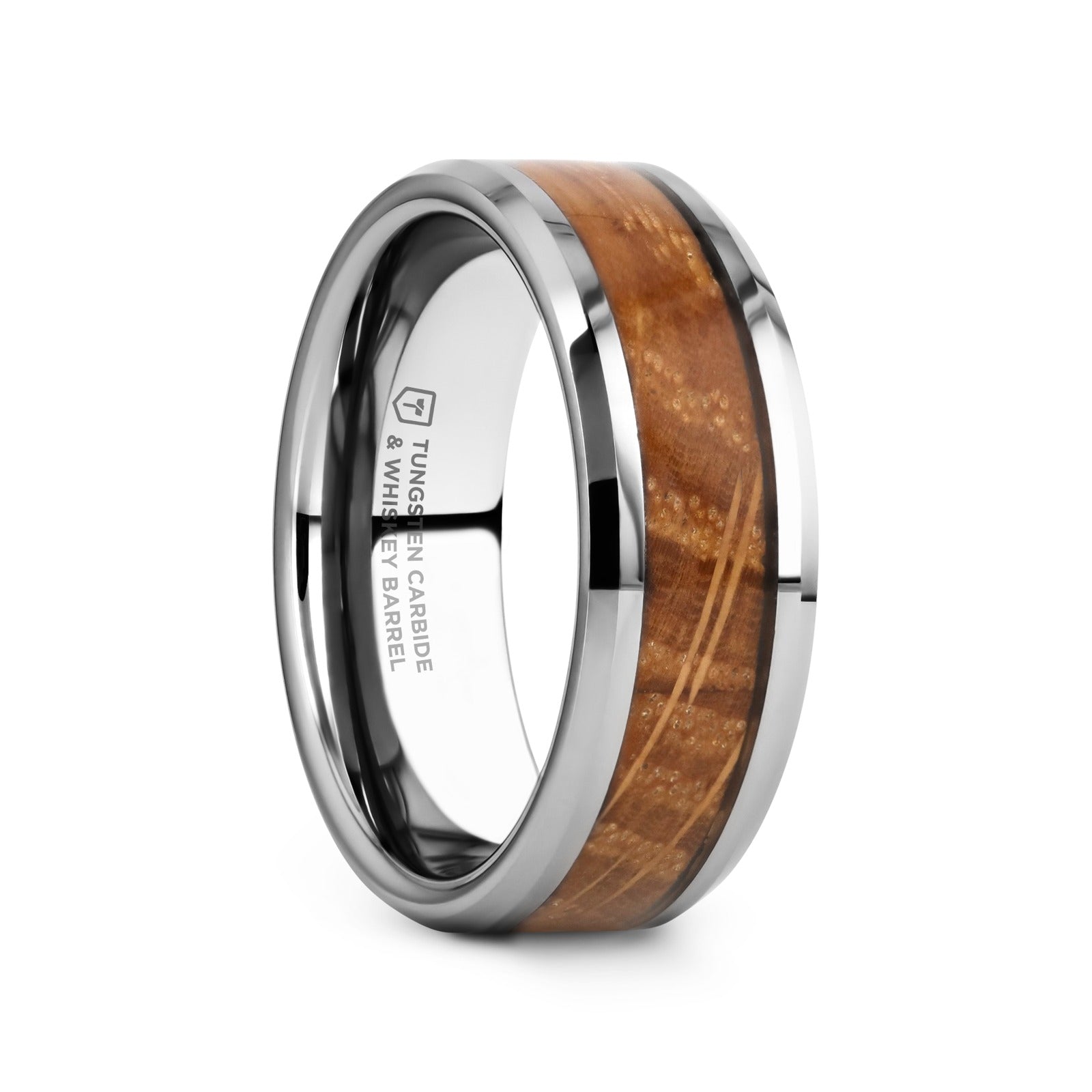 DISTILLED Whiskey Barrel Inlaid Tungsten Men's Wedding Band With Beveled Polished Edges Made From Genuine Whiskey Barrel