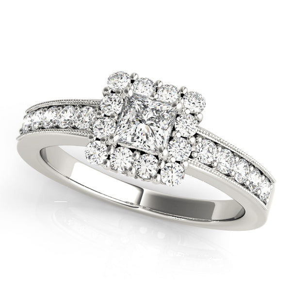 Single Row Halo Cushion Milgrain Engagement Ring