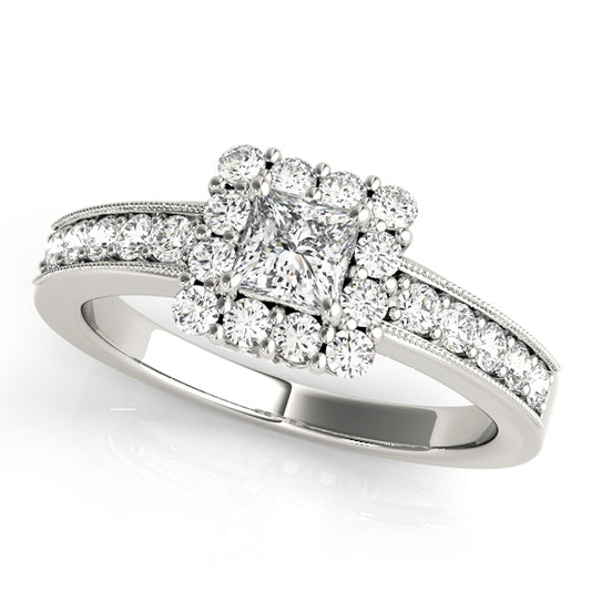 Single Row Halo Cushion Milgrain Engagement Ring