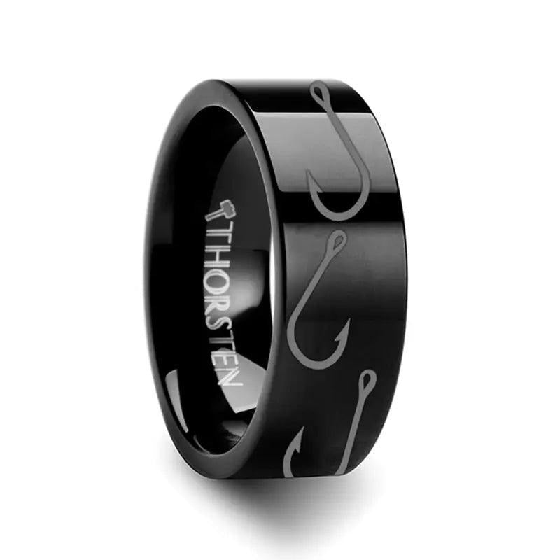 Fishing Hook Pattern Engraved Flat Black Tungsten Ring - 4mm - 12mm - 6mm
