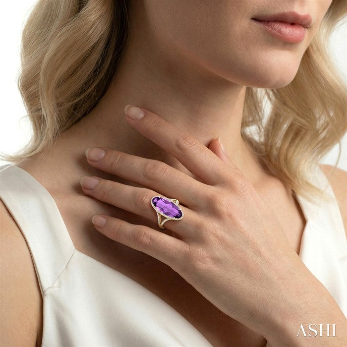 26X10 MM Evoque Gemstones Oval Shape Amethyst and 1/2 Ctw Round Cut Diamond Halo Semi-Precious Ring in 14K Yellow Gold