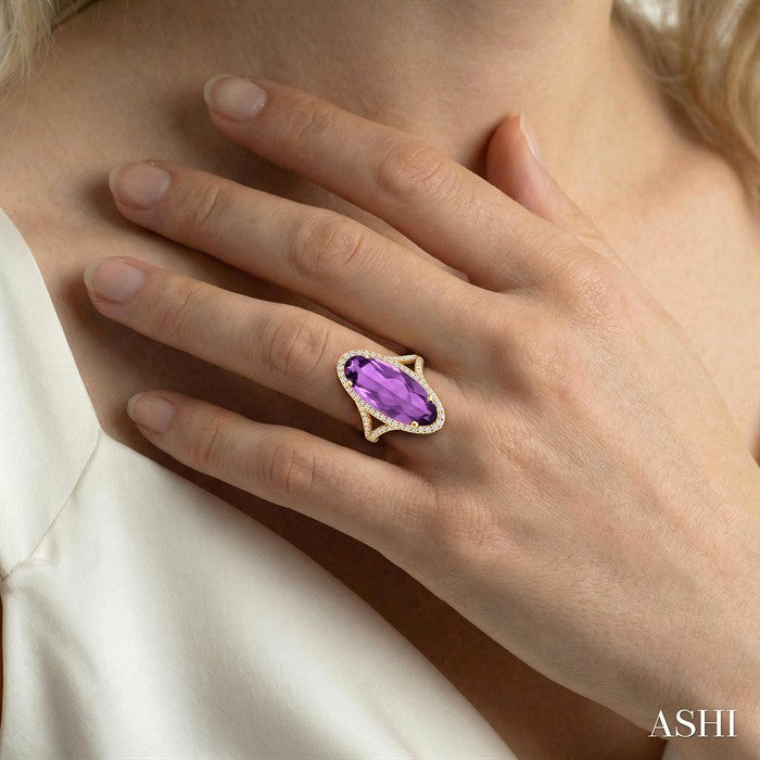 26X10 MM Evoque Gemstones Oval Shape Amethyst and 1/2 Ctw Round Cut Diamond Halo Semi-Precious Ring in 14K Yellow Gold