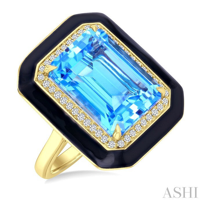 14X10 MM Evoque Gemstones Emerald Shape Blue Topaz and 1/5 Ctw Round Cut Diamond Halo & Black Enamel Border Semi-Preciou
