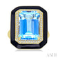 14X10 MM Evoque Gemstones Emerald Shape Blue Topaz and 1/5 Ctw Round Cut Diamond Halo & Black Enamel Border Semi-Preciou