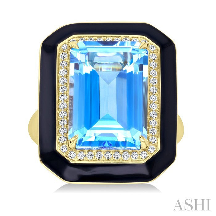 14X10 MM Evoque Gemstones Emerald Shape Blue Topaz and 1/5 Ctw Round Cut Diamond Halo & Black Enamel Border Semi-Preciou