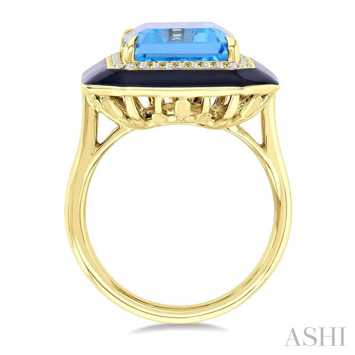 14X10 MM Evoque Gemstones Emerald Shape Blue Topaz and 1/5 Ctw Round Cut Diamond Halo & Black Enamel Border Semi-Preciou