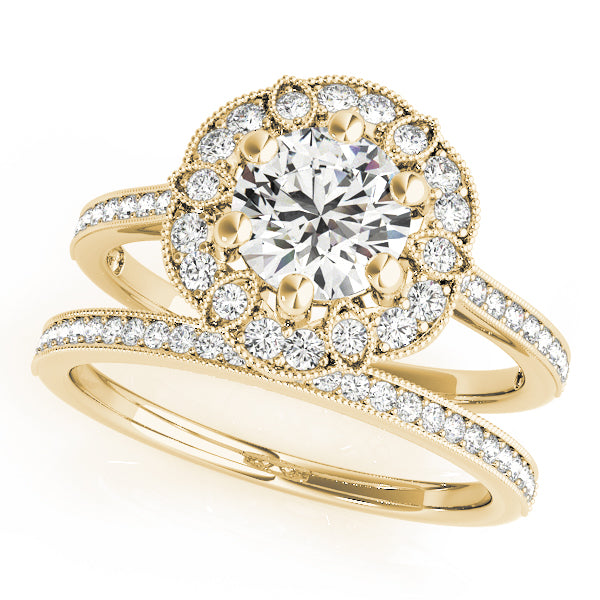 Single Row Halo Floral Milgrain Engagement Rings