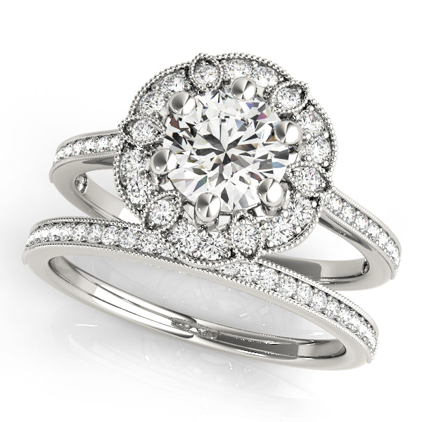 Single Row Halo Floral Milgrain Engagement Rings