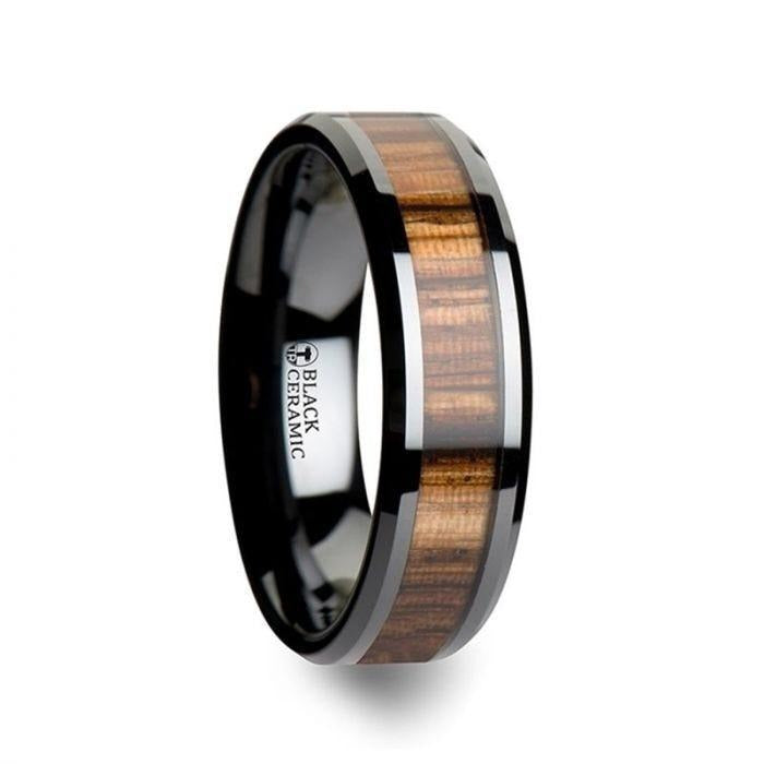 ZEBRANO Black Ceramic Ring with Beveled Edges and Real Zebra Wood Inlay - 4mm - 10mm - 8mm
