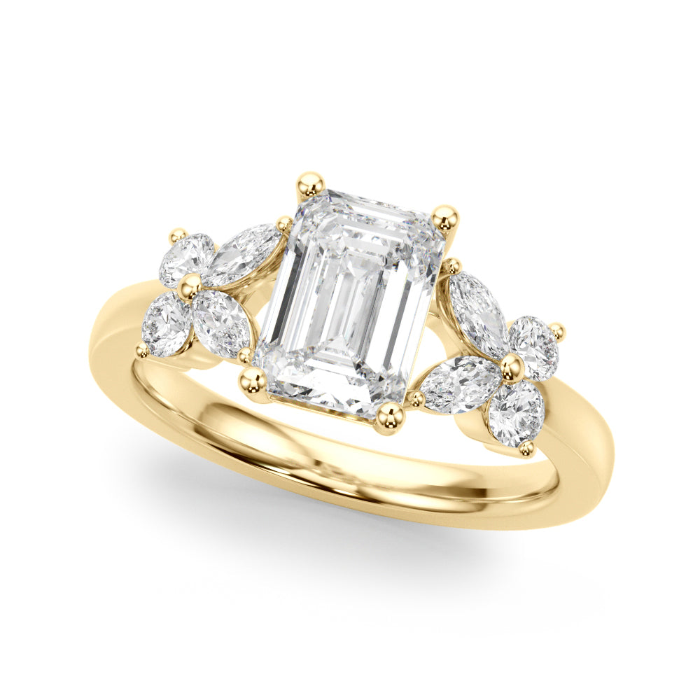 Contemporary Floral Emerald Cut Engagement Ring
