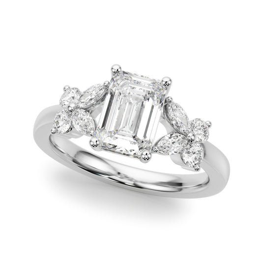 Contemporary Floral Emerald Cut Engagement Ring