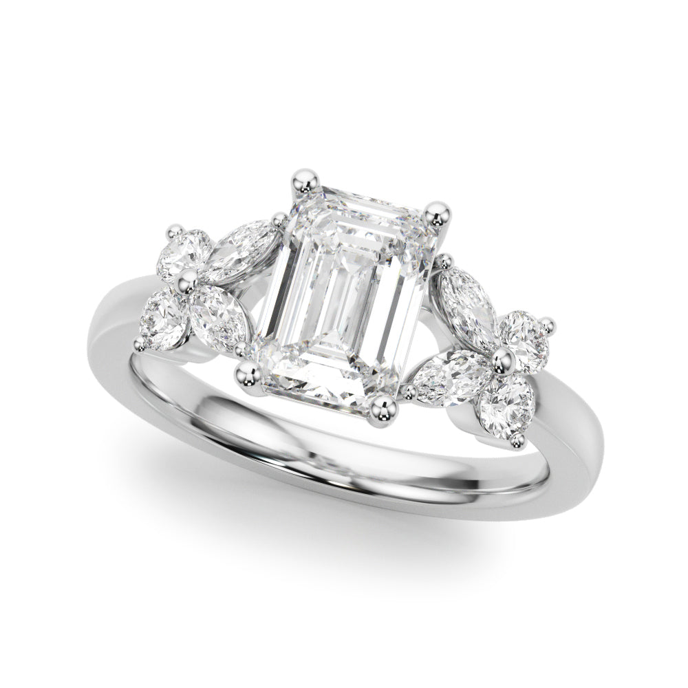 Contemporary Floral Emerald Cut Engagement Ring
