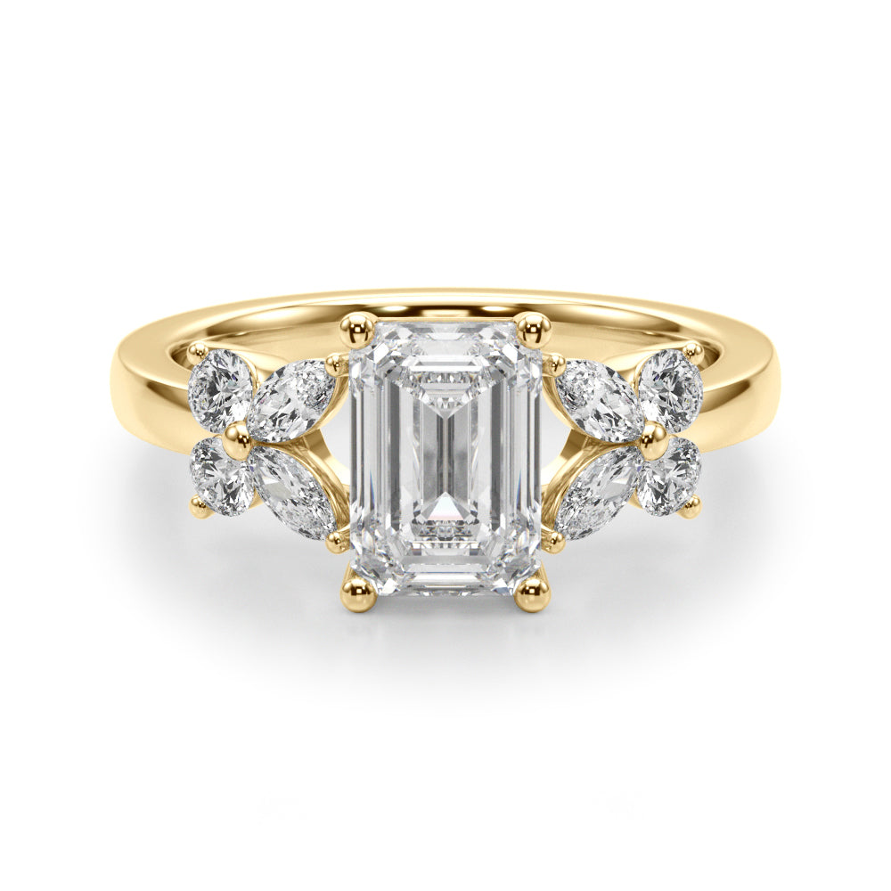 Contemporary Floral Emerald Cut Engagement Ring