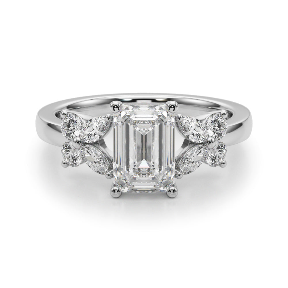 Contemporary Floral Emerald Cut Engagement Ring