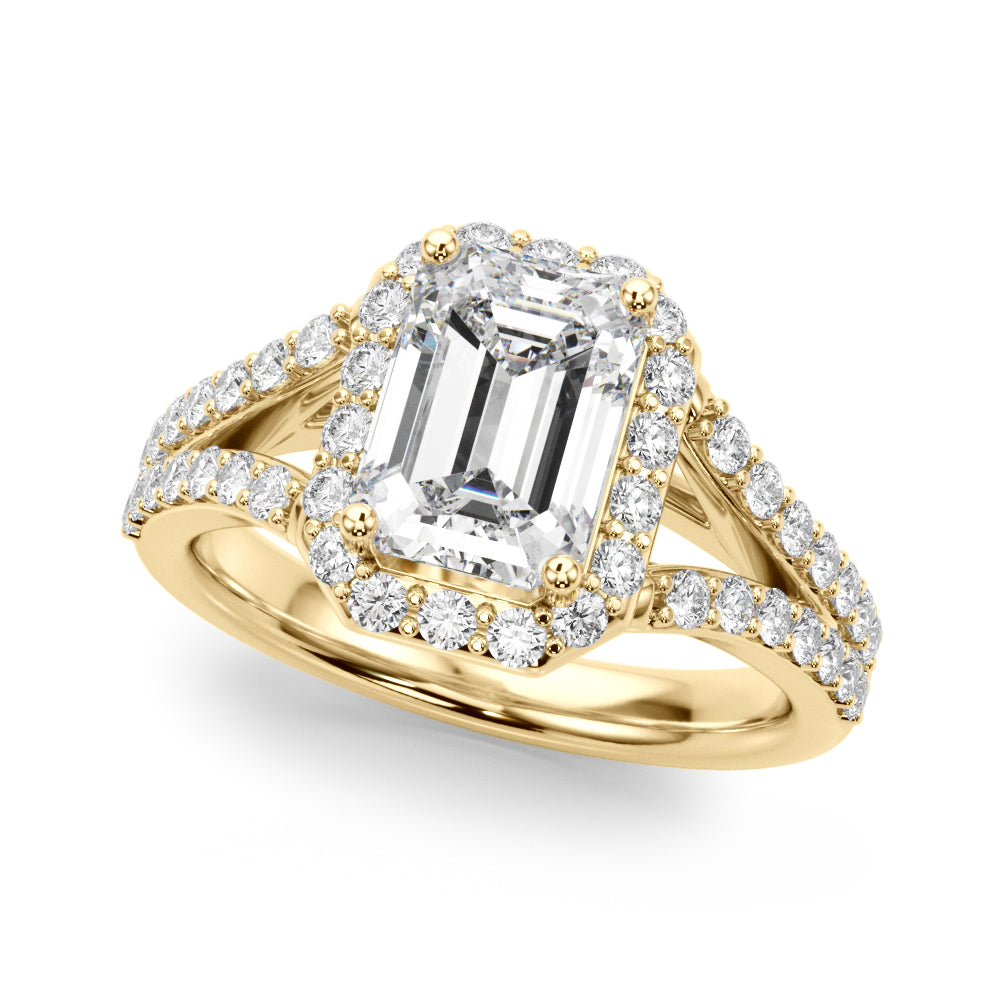 Split Shank Emerald Cut Halo Engagement Ring