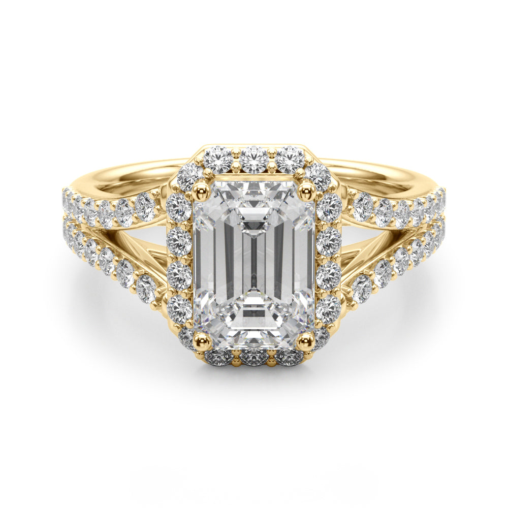 Split Shank Emerald Cut Halo Engagement Ring