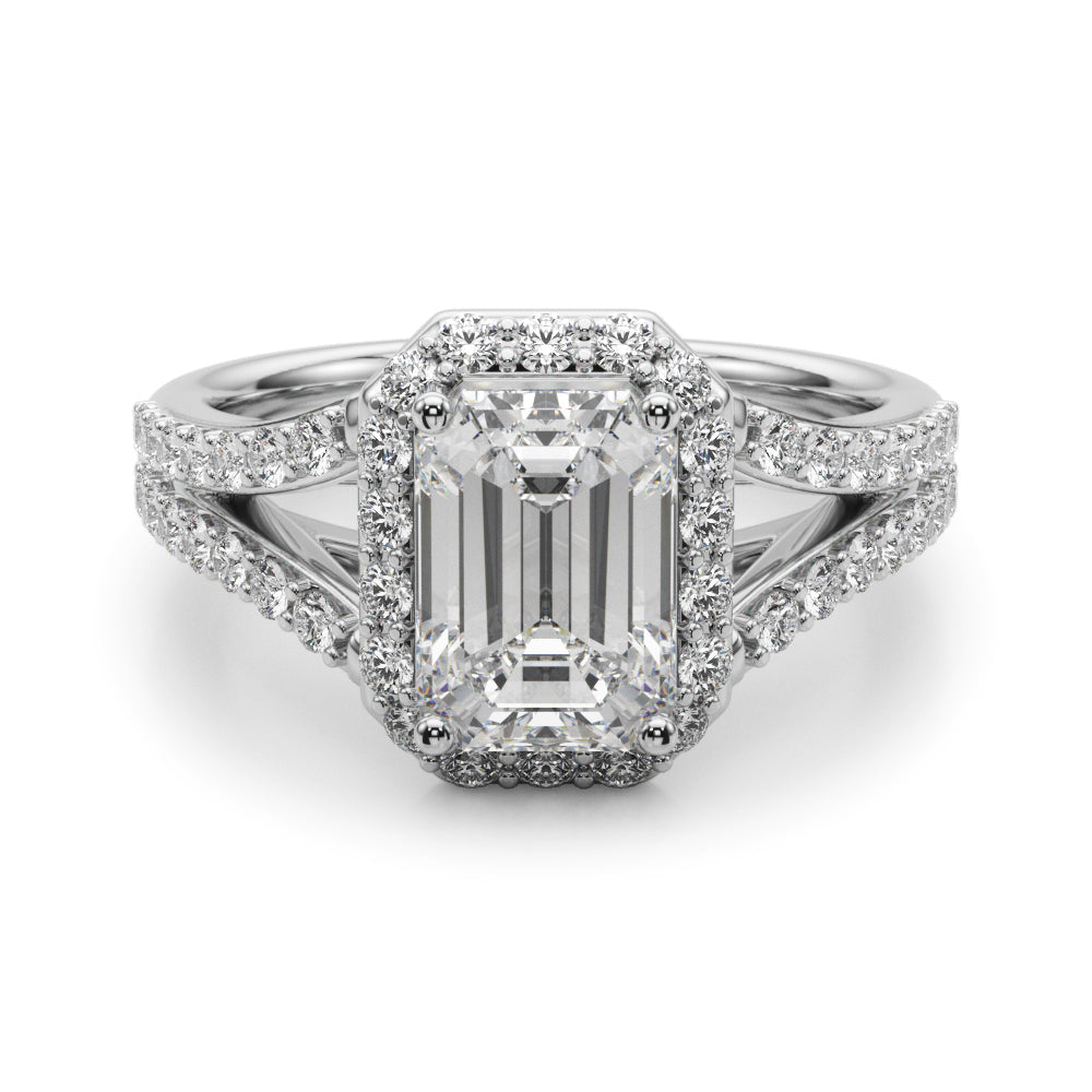 Split Shank Emerald Cut Halo Engagement Ring